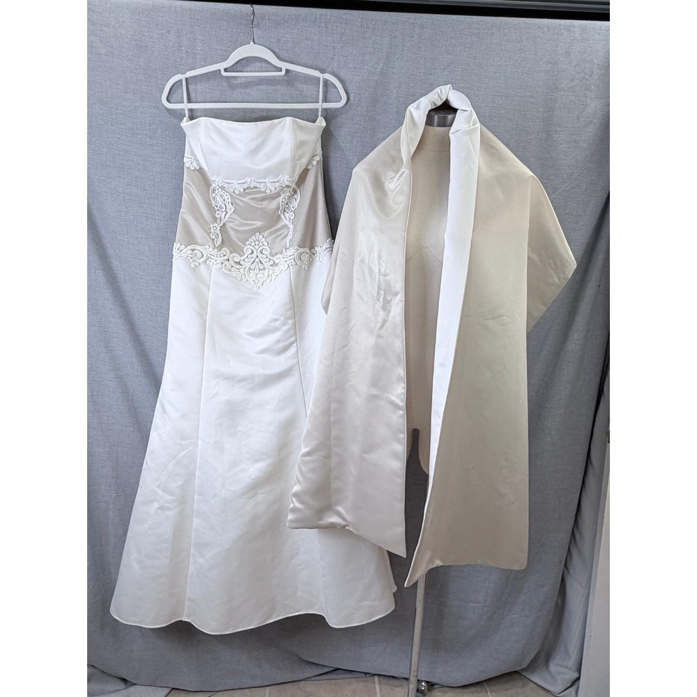 Jessica McClintock Strapless Satin Lace Gown Matching Wrap Ivory Champagne 12
